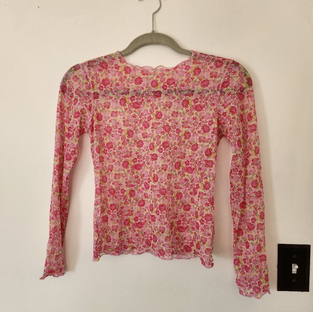 Adore Me pink floral mesh long-sleeved top with lettuce trim size S